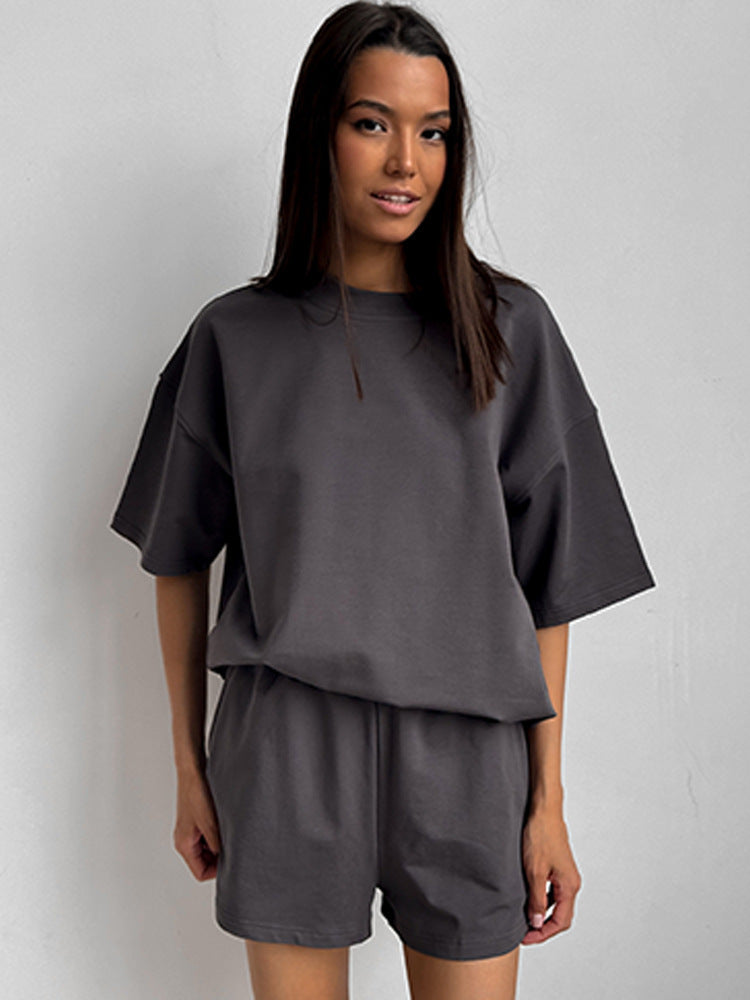 Casual Short-Sleeve Crew-Neck Top And Shorts Two-Piece Set