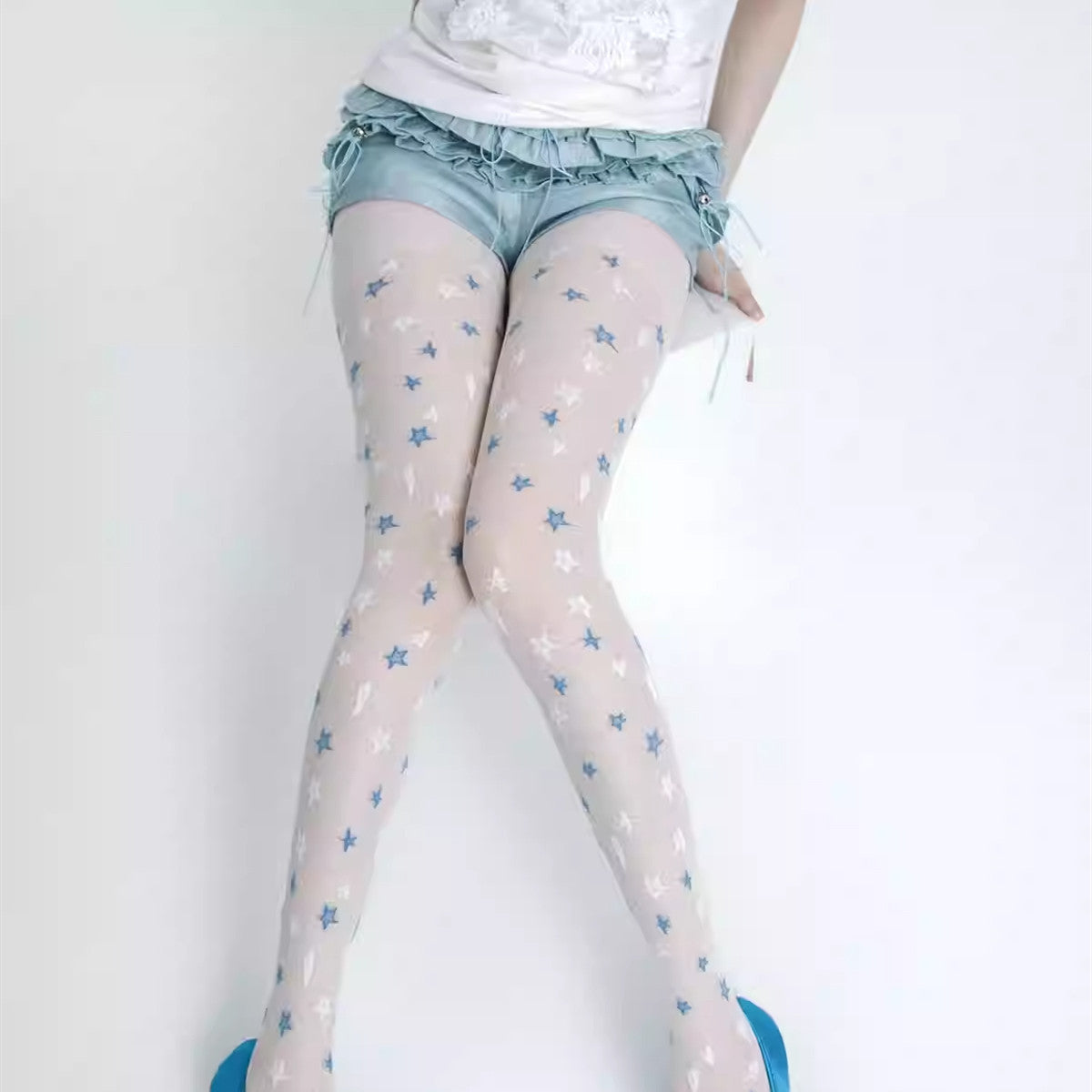 Thin White And Blue Five-pointed Star Romper Stockings For Women