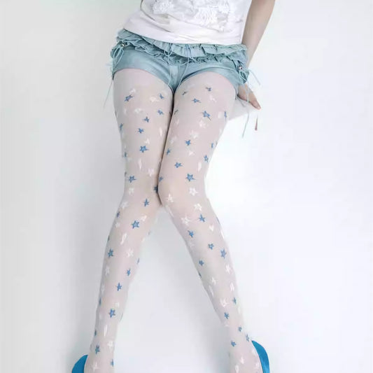 Thin White And Blue Five-pointed Star Romper Stockings For Women