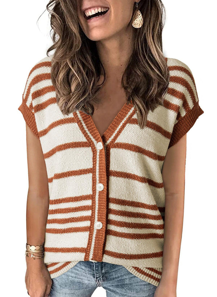 Striped Color Contrast Short Top T-shirt Women's Thin