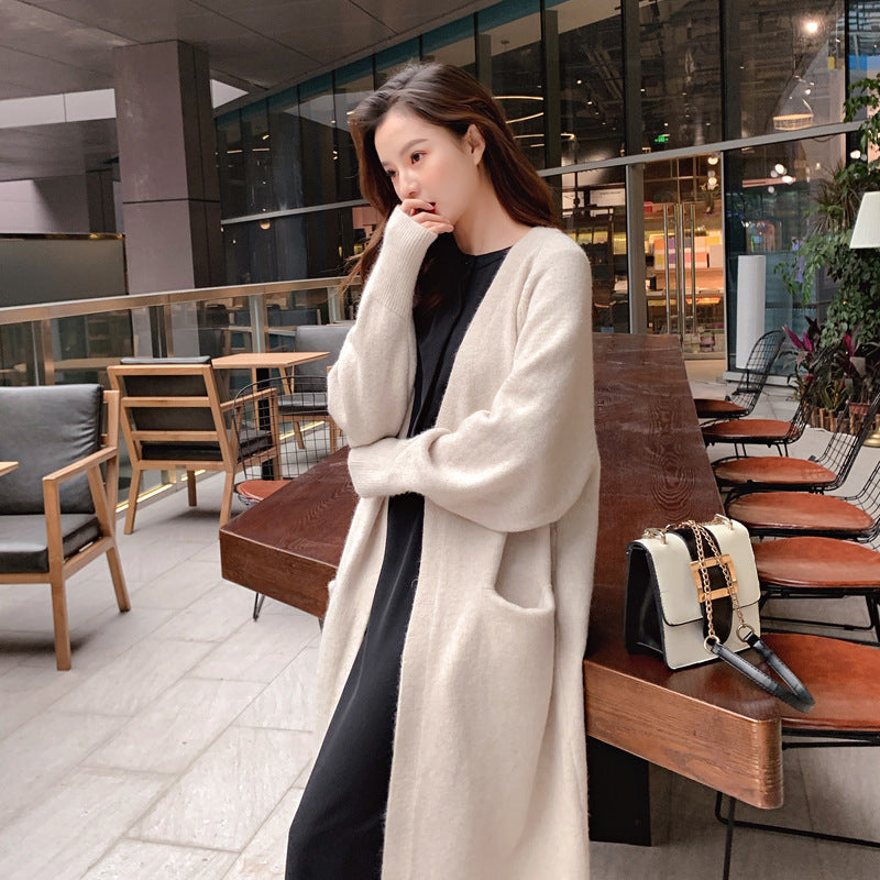 Mid-length Sweater Women's Solid Color V-neck Knitted Jacket