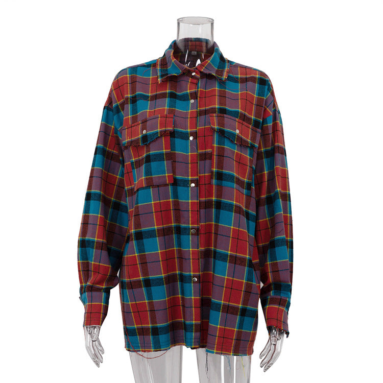 Lapel Long Sleeve Single Row Multi-buckle Plaid Shirt