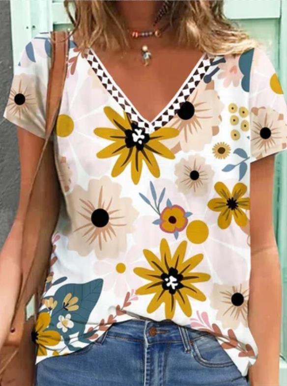 Sommer printet kortærmet V-hals T-shirt til kvinder