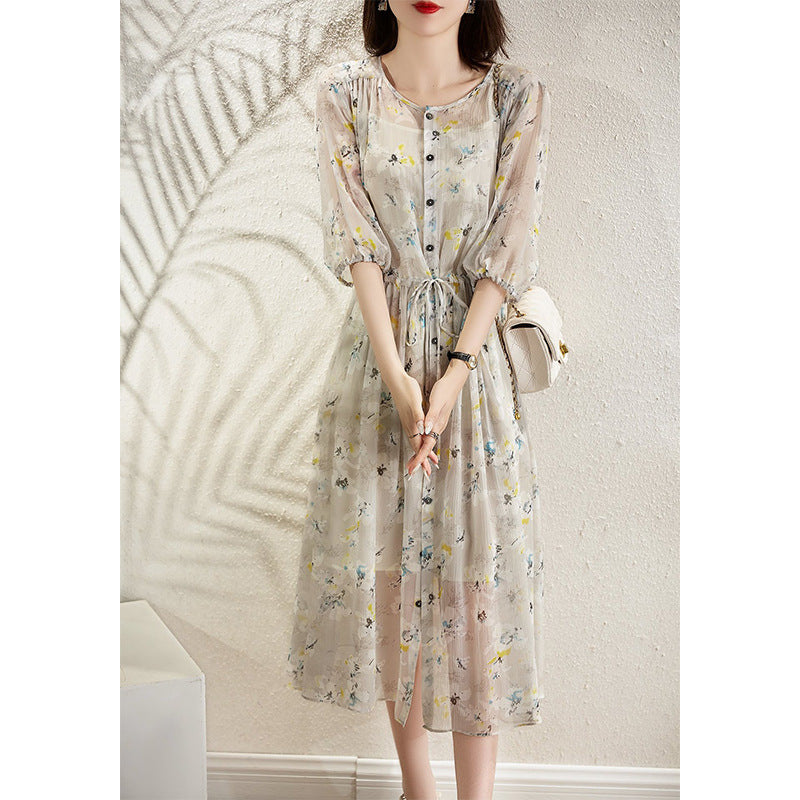 Fragmented Floral Long Skirt French Short Sleeved