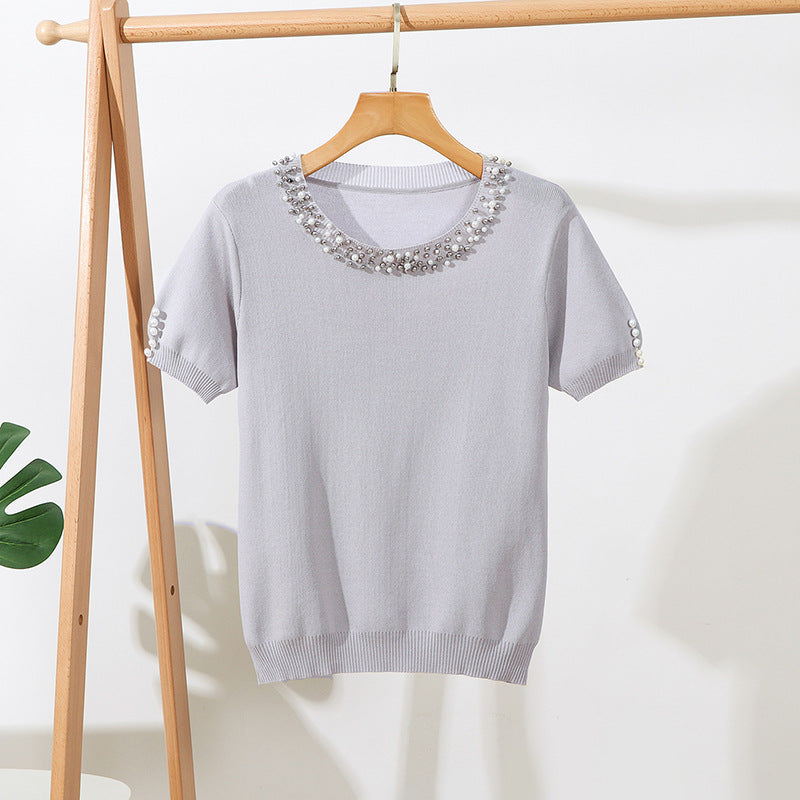 New Solid Color Beaded Short Sleeve Loose Round Neck Pullover Top