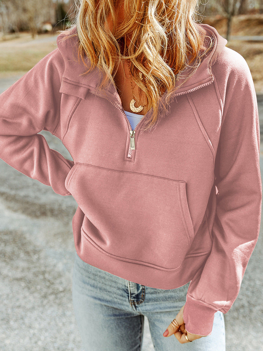 Women's Fashion Casual Solid Color Hooded Zipper Collar Long Sleeve Top