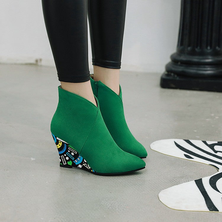 Winter Pointed Toe Wedge Heel Side Zip Floral Ankle Boots