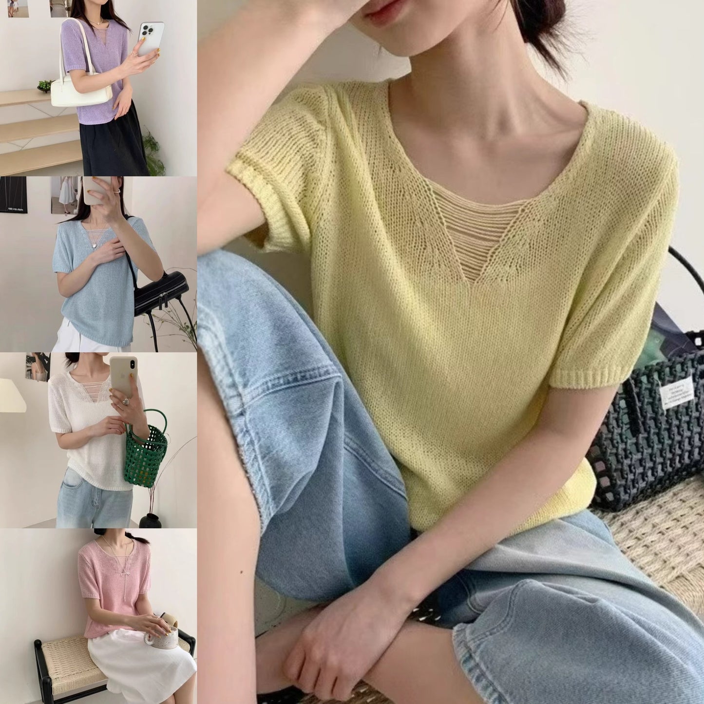 Fashionable Candy Color Gentle Hollow Out V-neck Short Sleeve