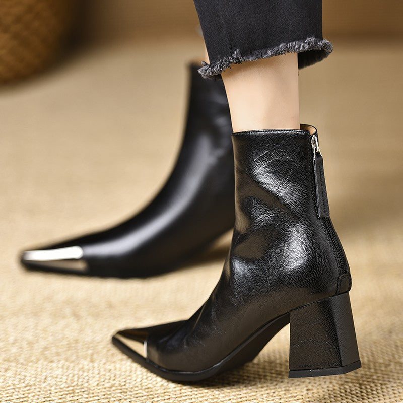 Pointed-toe Chunky-heel Leather Ankle Boots For Women Chic And Vintage