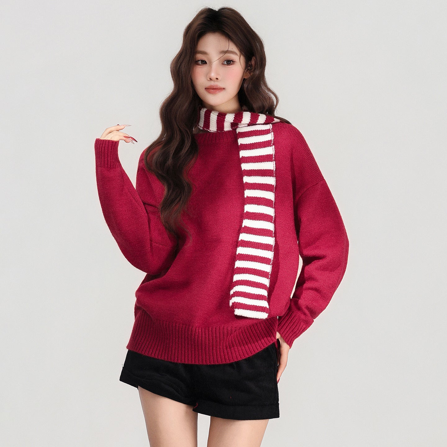 Striped Scarf Long Sleeve Coat Base Shirt Women