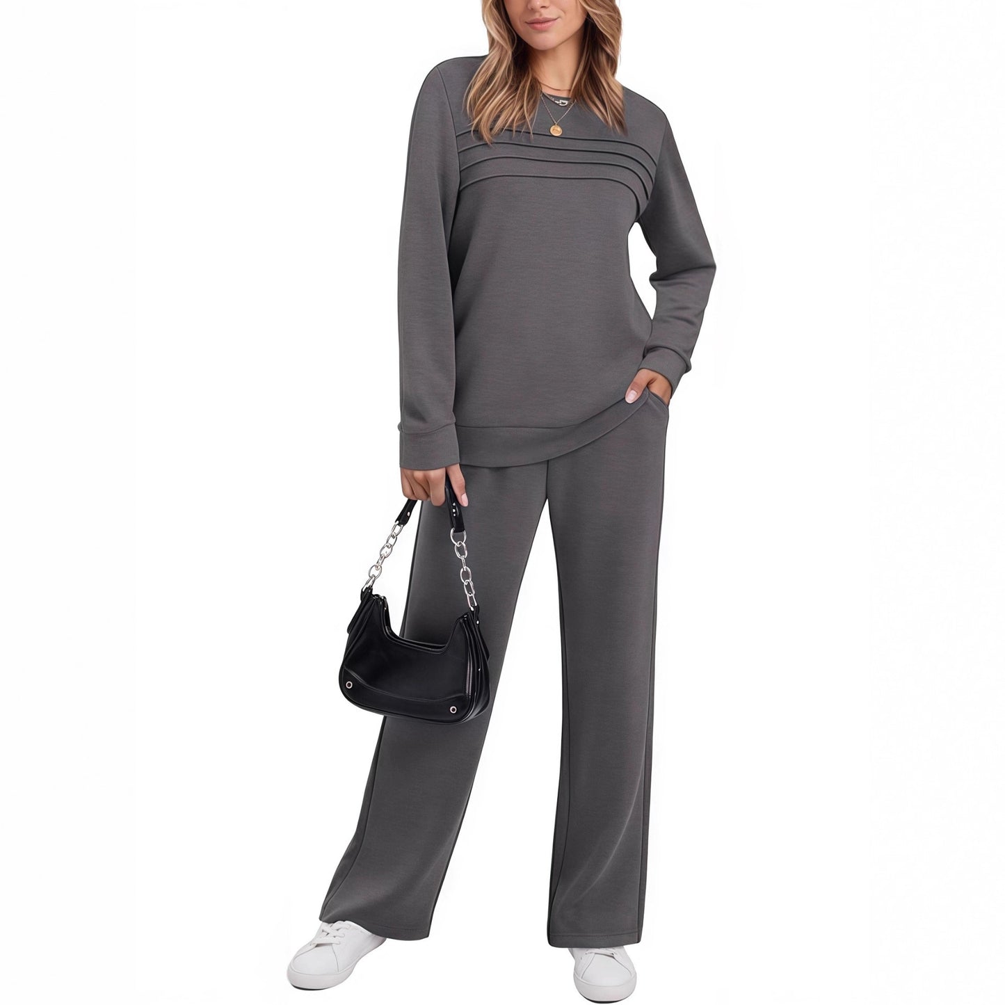 Casual Long Sleeve Drawstring Solid Color Commute Trousers Fashion Suit Women