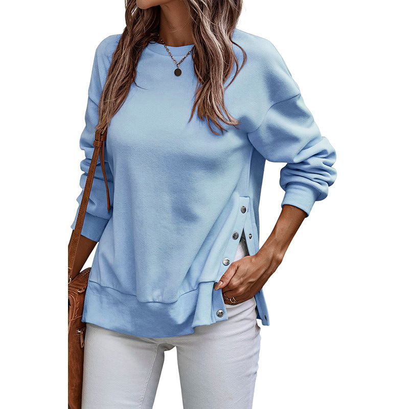 Solid Color Pullover Women's European And American Leisure Style Slit Loose Flab Hiding Long Sleeve Bathroom