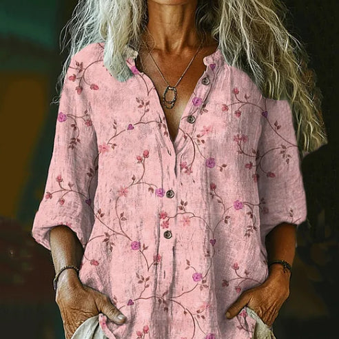 Women's Vintage Floral Art Print Cotton-Linen Casual Shirt