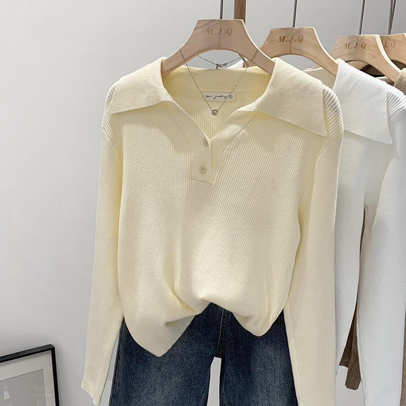 Polo Collar Button Base Long Sleeve Inner Wear Short Sweater Beautiful Top