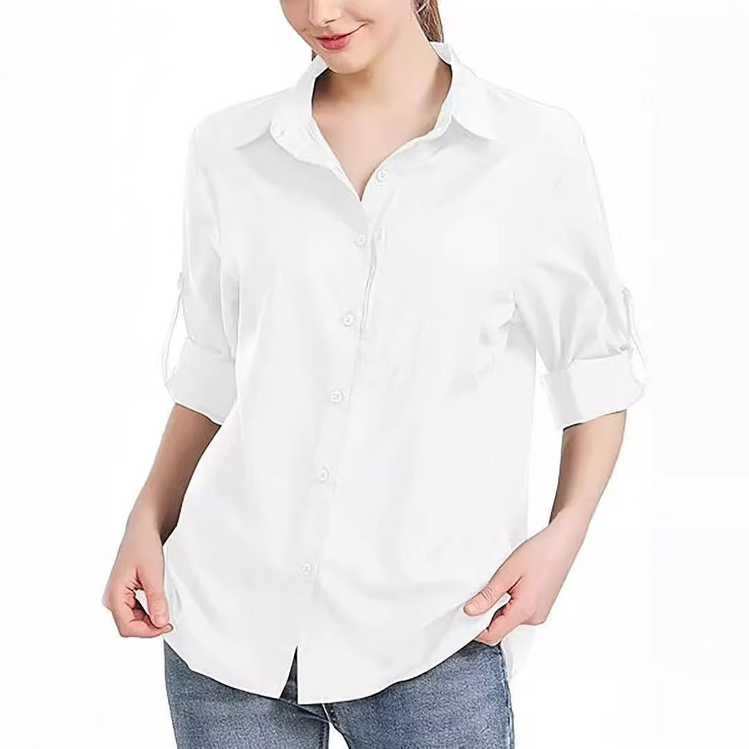Women's Solid Color Business Lapel Zipper Pocket Long Sleeve Shirt