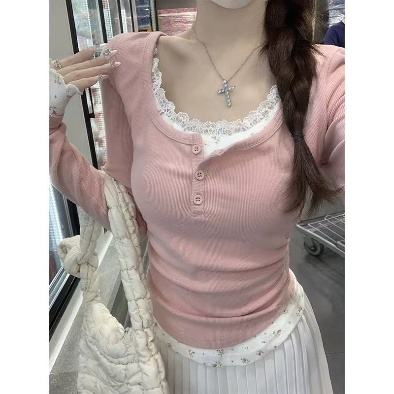 Floral Lace Stitching Long Sleeve Slim Fit Slim Looking Base Fake Two-piece Top