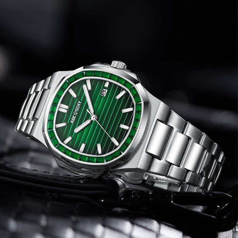 Men's Fashion Diamond Luminous Quartz Watch Waterproof Steel Belt