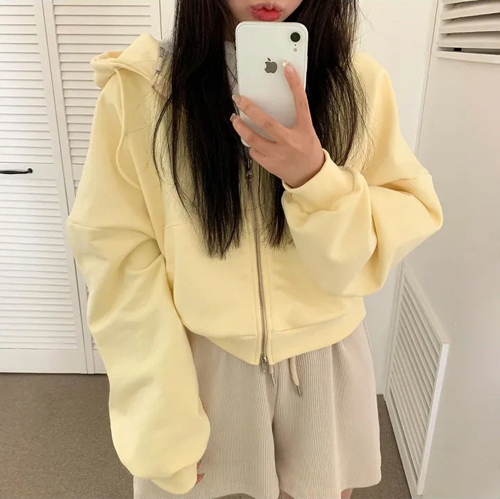 Casual Hooded Personality Double Zipper Fleece Padded Sweater Coat