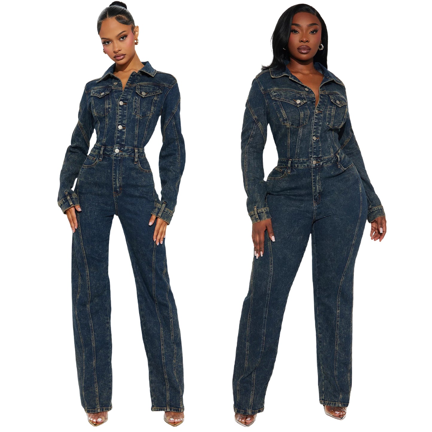 Washed Long-sleeve Patchwork Denim Jumpsuit