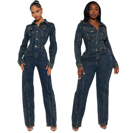 Washed Long-sleeve Patchwork Denim Jumpsuit
