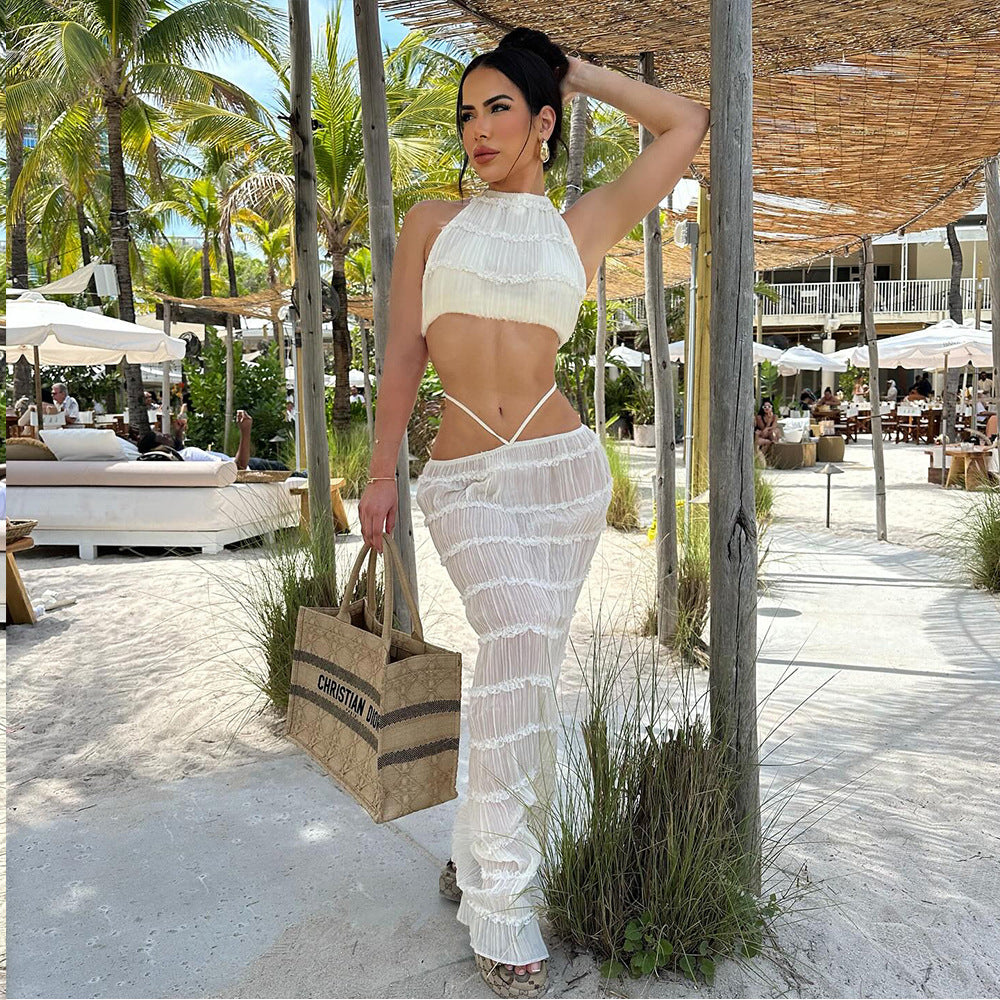 Fashionable See-through Lightweight Wrap-top And Maxi Skirt Set For Women