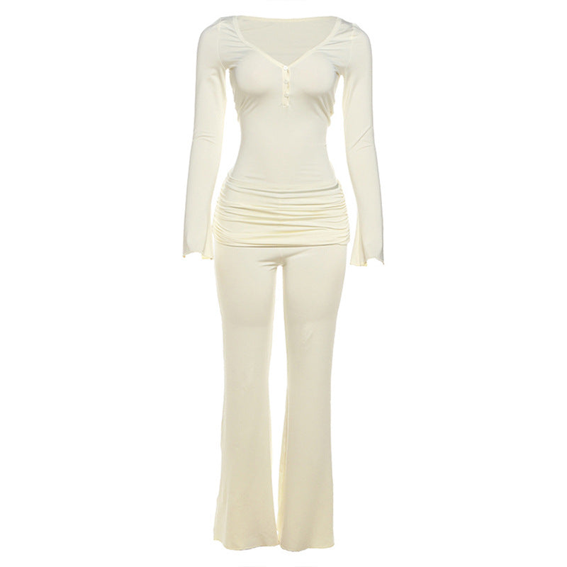 Womens Long-Sleeve T-Shirt And High-Waisted Flared Pants Set