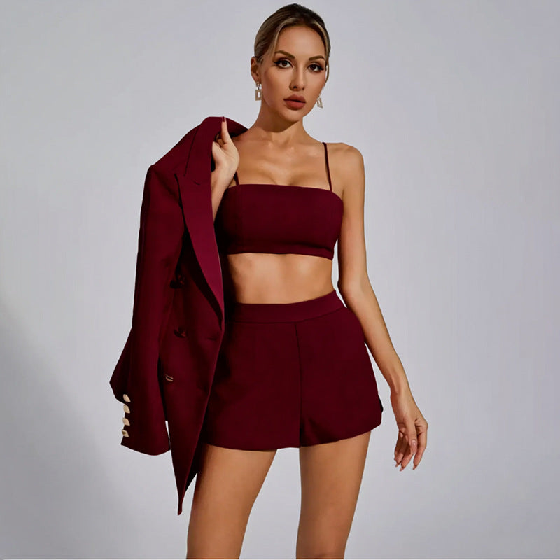 Three-piece Suit Blazer Suspenders Top And Pants