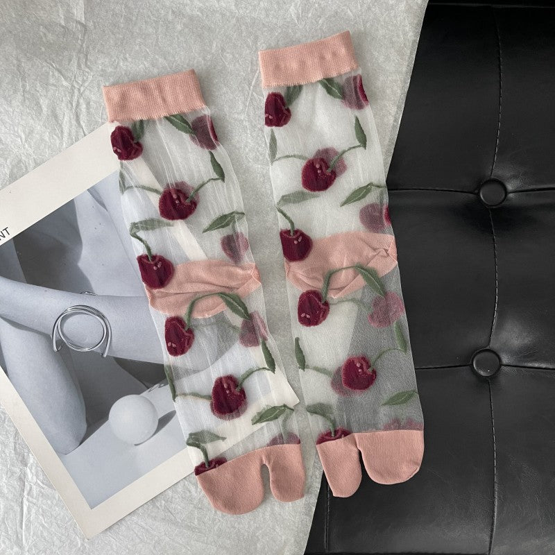 Cherry Jacquard Summer Cute Wild Thin Socks Stockings