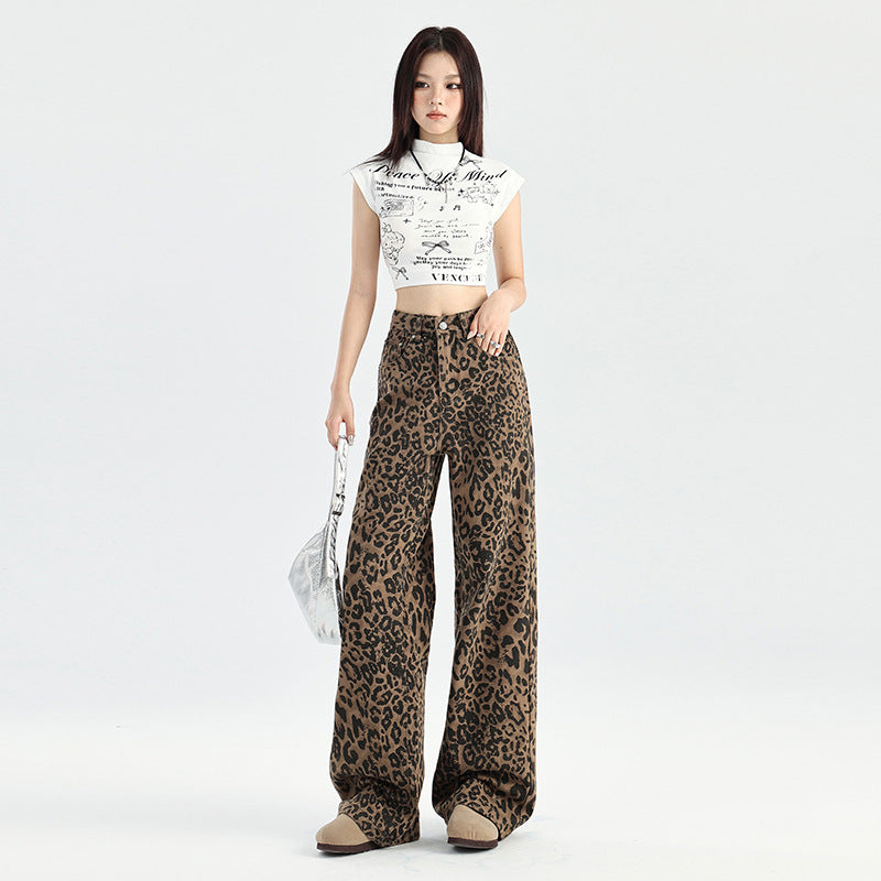 Retro Minority Leopard Jeans Hip Hop Loose Wide Leg Leisure Street