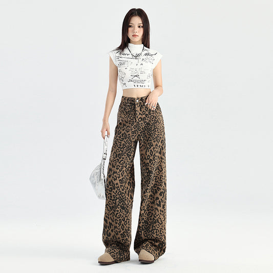 Retro Minority Leopard Jeans Hip Hop Loose Wide Leg Leisure Street