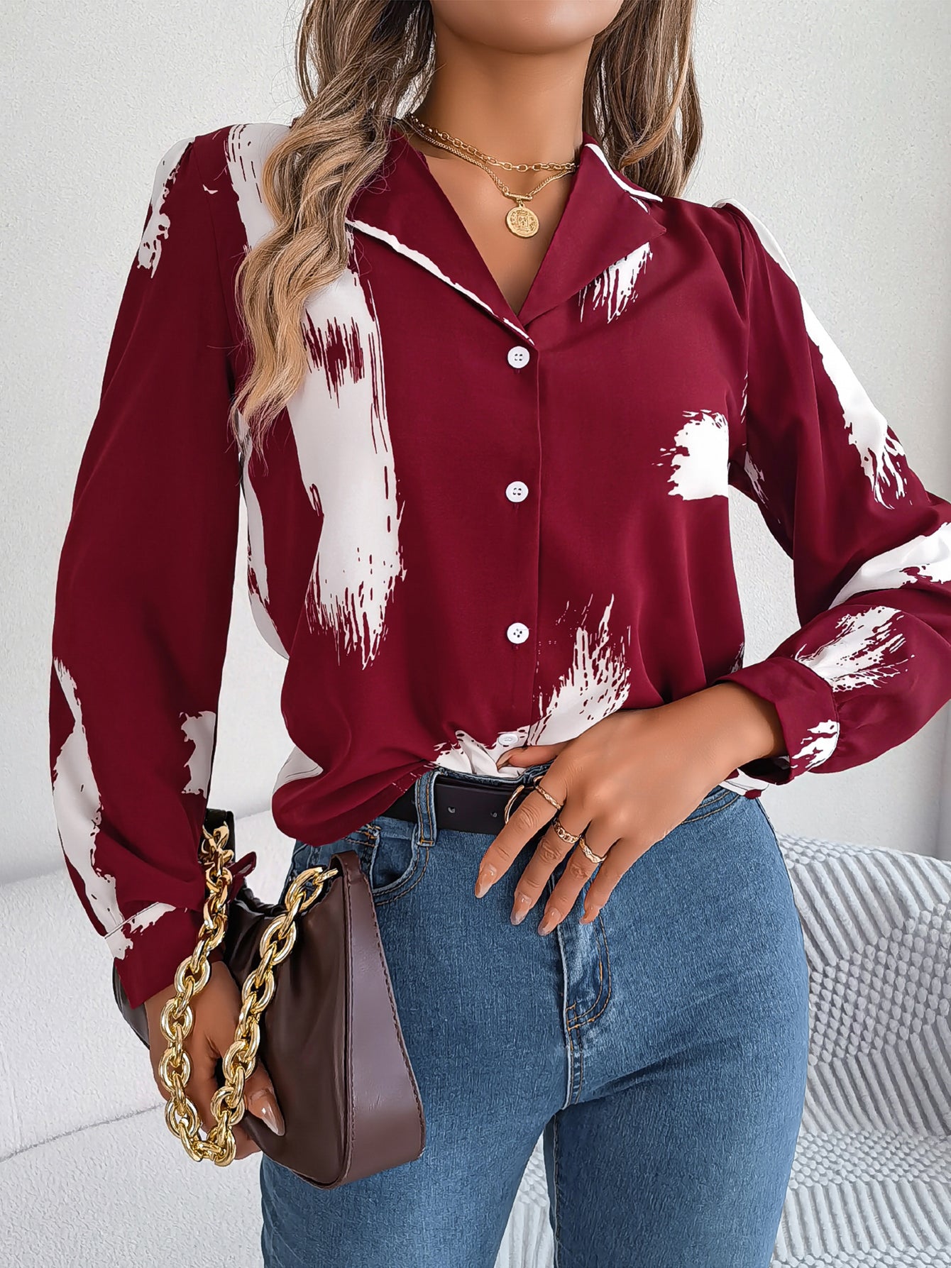Women's Elegant Color Block Stripe Notched Lapel Long Sleeve Shirt