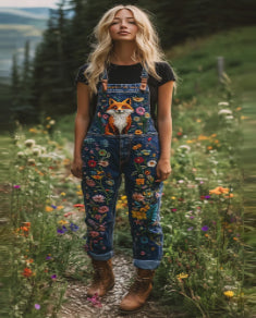 Vintage Kitty And Floral Oil Painting Art Jeans Jumpsuit