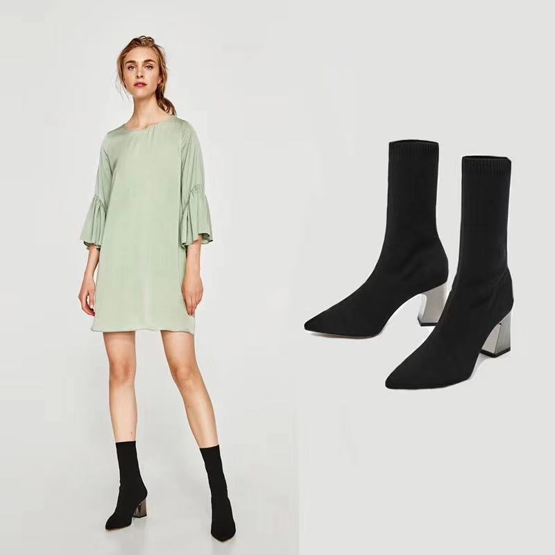Net Red High Heeled Mid Tube All Match Single Boots