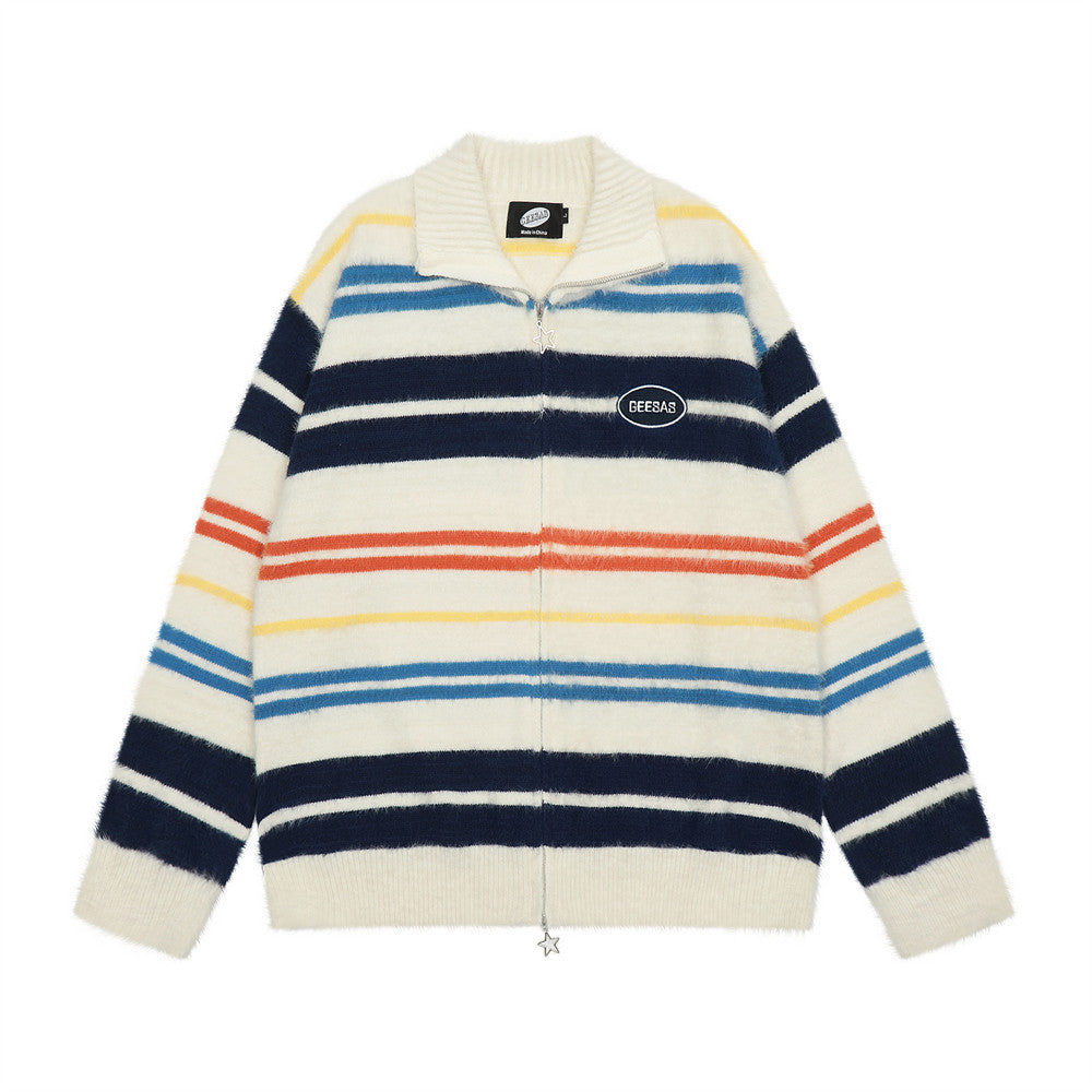 Europæisk og Amerikansk Street Trendy Stribet Strikket Cardigan Sweater