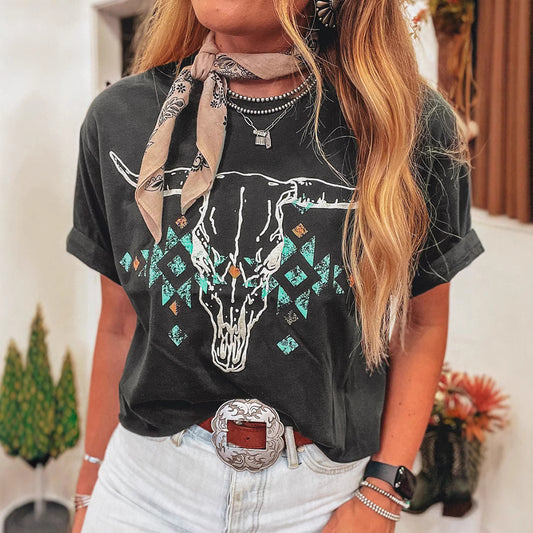 Retro Western-print løs T-shirt i europæisk og amerikansk stil