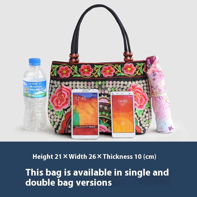 Ethnic Style Embroidered Handbag Wooden Bead Lace Bag