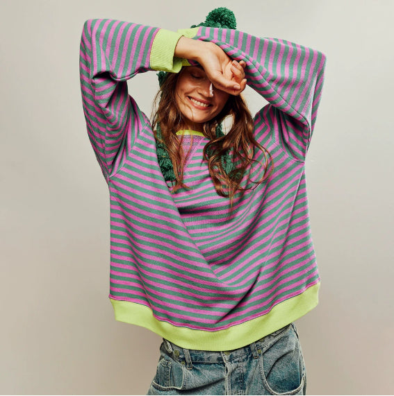 Women's Colorful Striped Round Neck Loose Sweatshirt