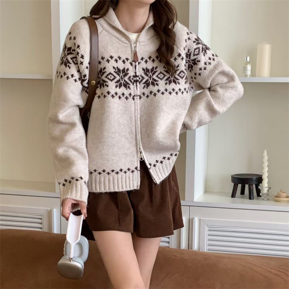 Retro Contrast Color Jacquard Weave Zip Sweater Women's Coat