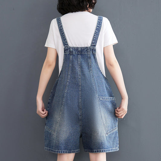 Women's Denim Suspender Loose Fitting Wide Leg Capris