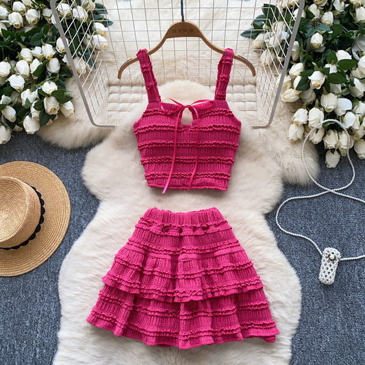 Square-neck Slip Dress With A High Waist Pleated Ruffled Hem