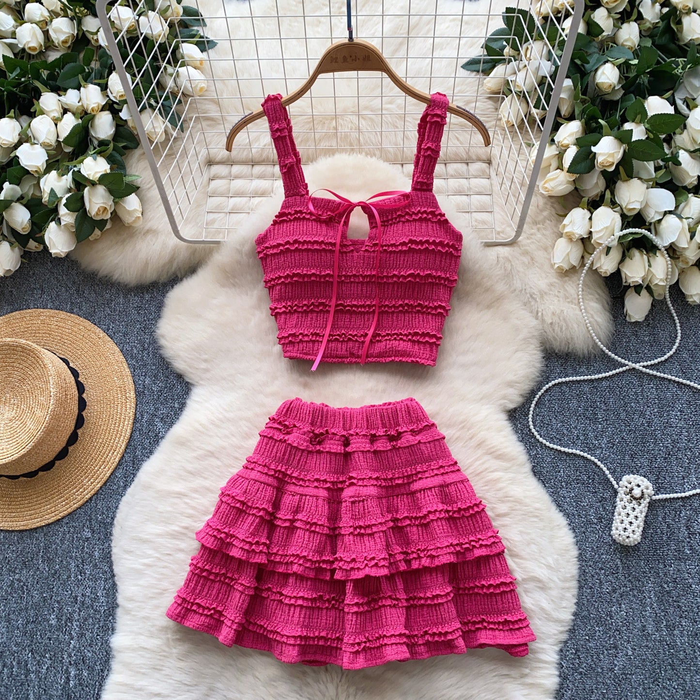 Square-neck Slip Dress With A High Waist Pleated Ruffled Hem