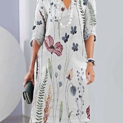Fashionable Casual Multi-Color Printed V-Neck Dress
