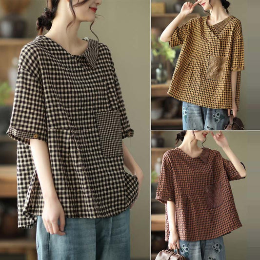 Loose Patchwork Cotton Plaid V-neck Short-sleeved T-shirt Women's Pullover