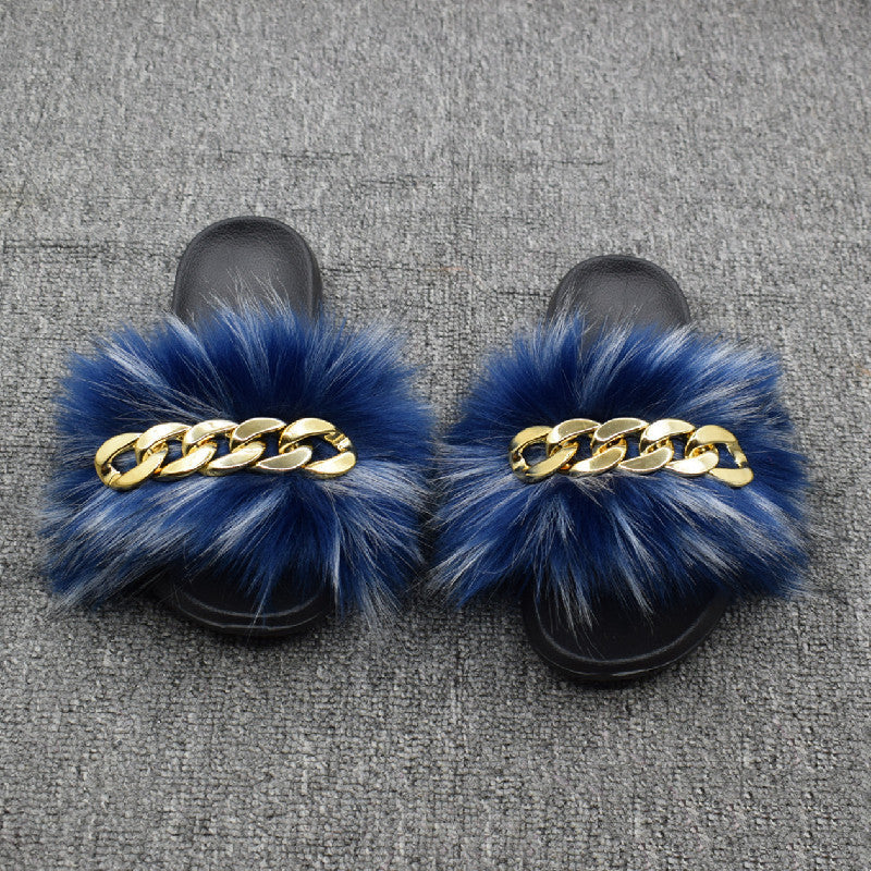Fur Fur Slippers Chain Faux Fur Flip Flops