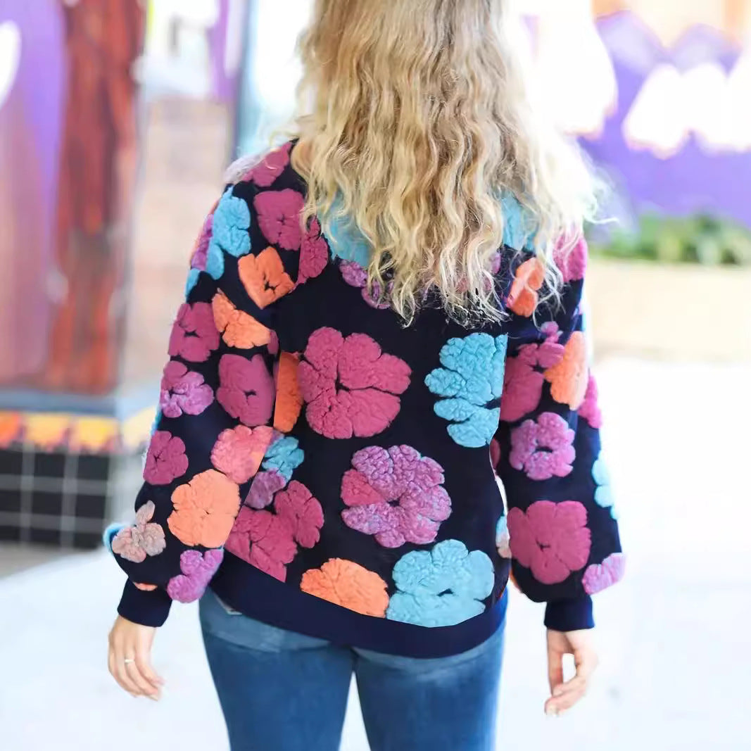 Retro tredimensionel blomsterstrikket, løs temperamentsfuld cashmere-sweater