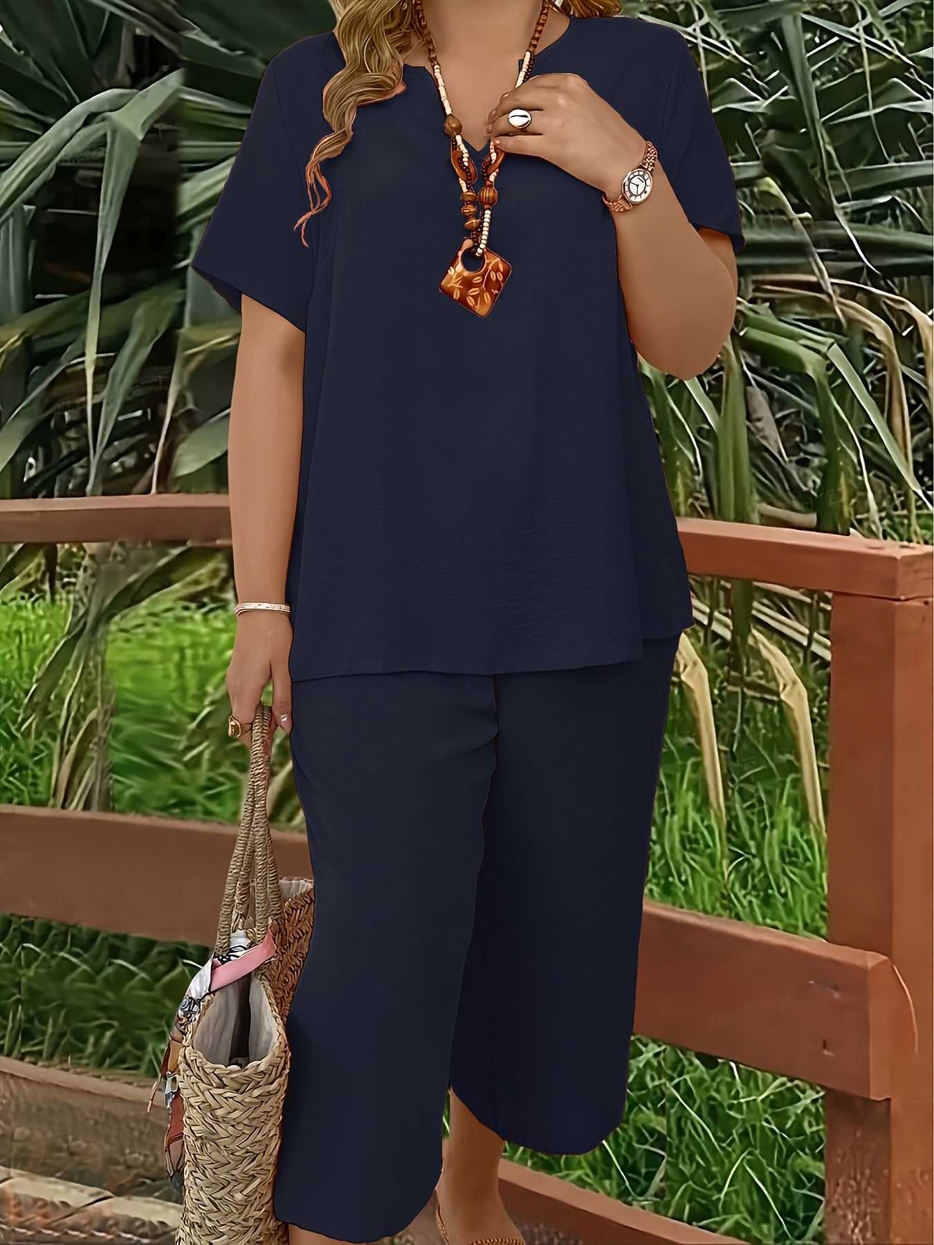 Solid-color V-neck Short-sleeve Top And Wide-leg Pants