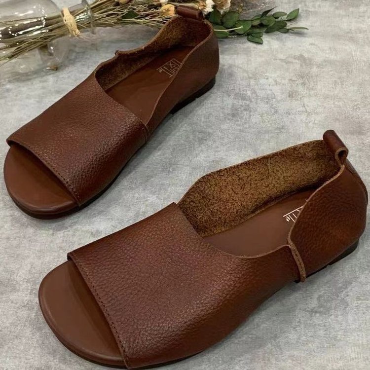 Retro Handmade Soft Leather Open-toe Fish-mouth Shoes With A Soft Sole