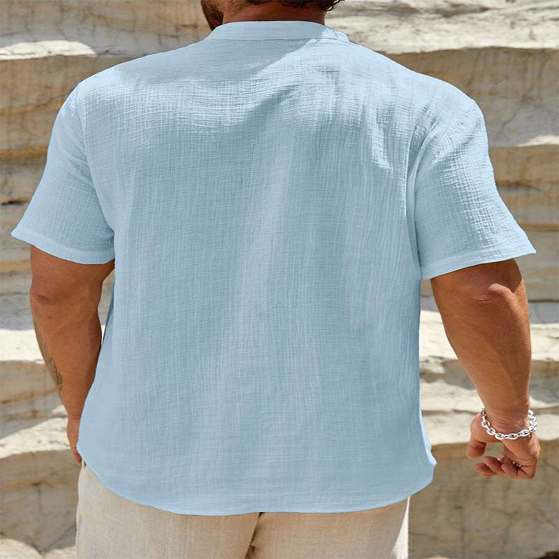 Men's Cotton And Linen Double-layer Solid Color Cuban Collar Short Sleeve Shirt