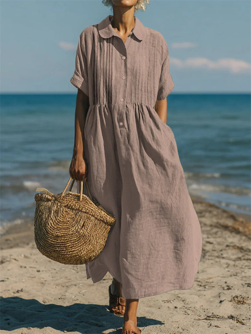 Notch-collar Button-front Pleated Short-sleeve Cotton-linen Dress