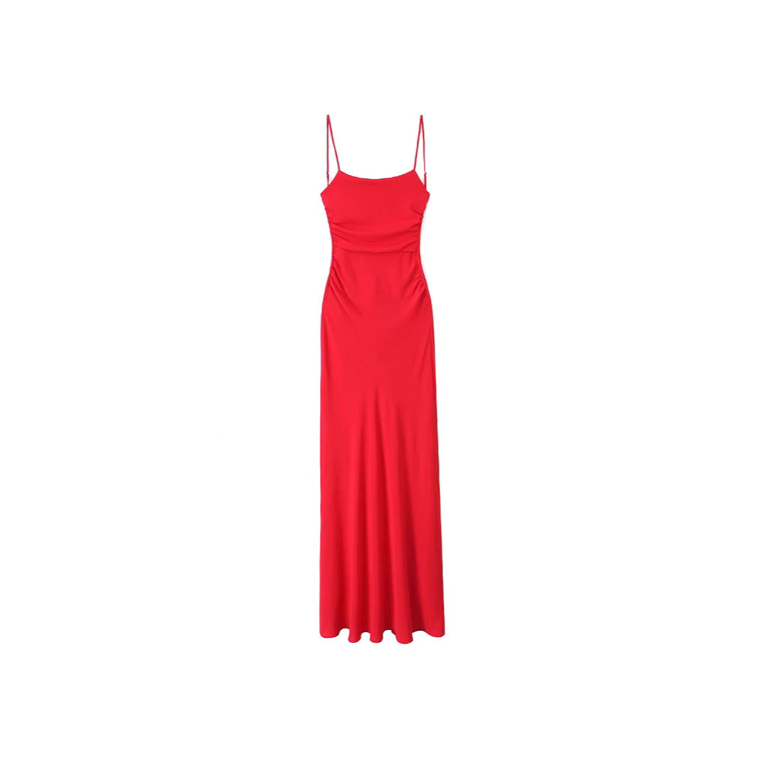 Elegant Round-neck Solid-color Dress With Ruffled Hem And Side Slit